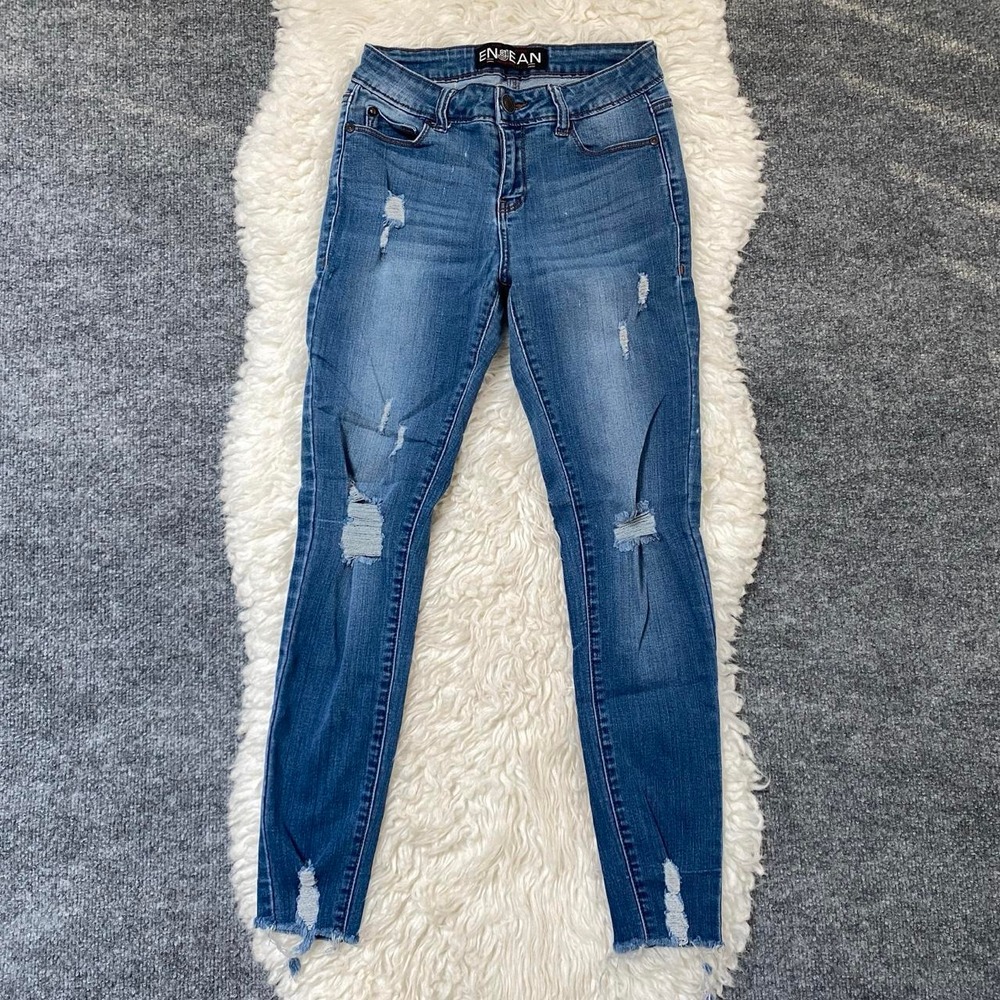 ENJEAN BLUE DENIM SKINNY JEANS DISTRESSED RAW HEM Y2K BOHO CHIC GRUNGE ALT